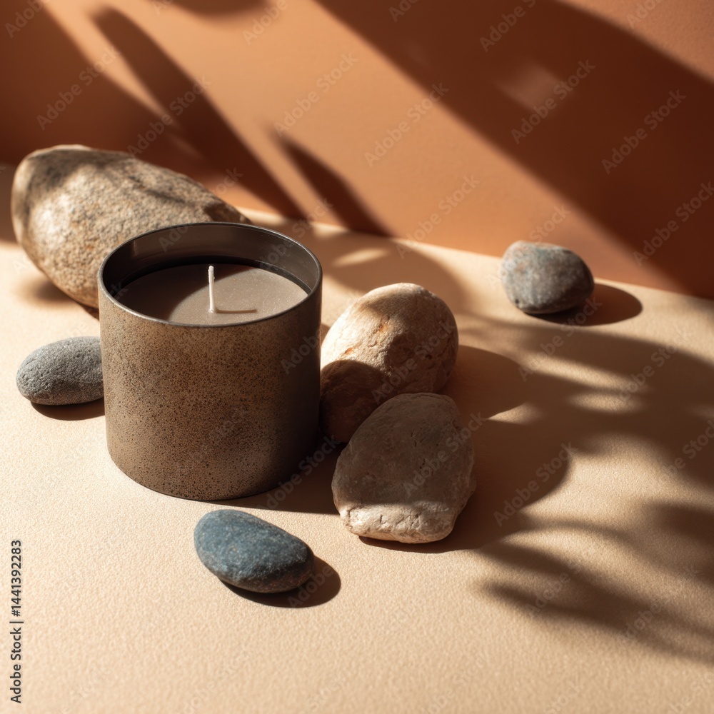 Poster elegant scented candle in a minimalist setting with smooth stones and soft shadows creating a serene