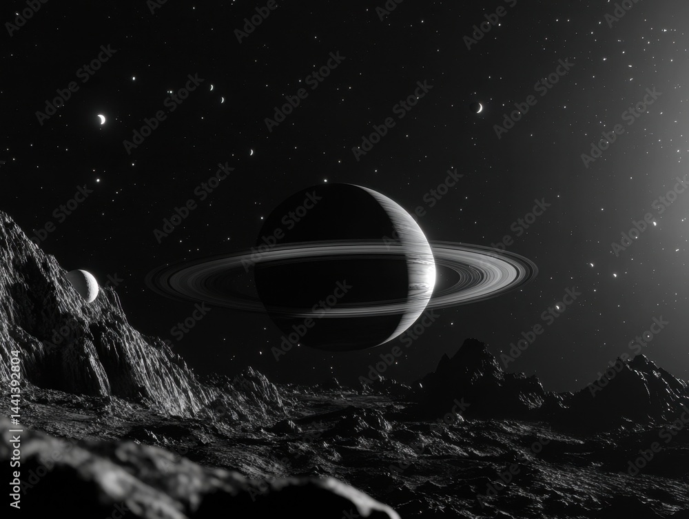 Poster ethereal monochrome view of saturn from a rocky moon surface with distant moons and starlight cosmic
