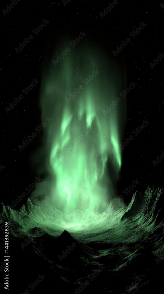 Poster ethereal green aurora borealis dances above a stark alien landscape with distant stars creating a my