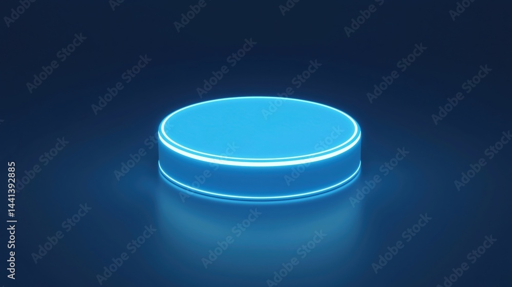 Poster a glowing blue circular platform is illuminated against a dark background, creating a futuristic and