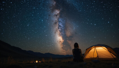 Alone under vast night sky person sits with their back to camera enjoying view of Milky Way beside glowing tent and small campfire in tranquil landscape.