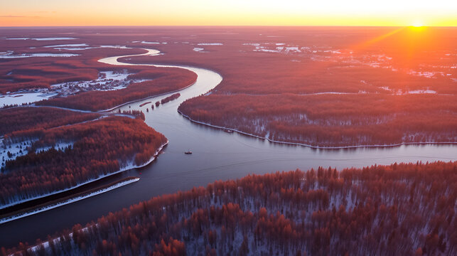 Umea, Norrland Sweden - November 27, 2020: parts of the Teg and Umea river district at sunset
