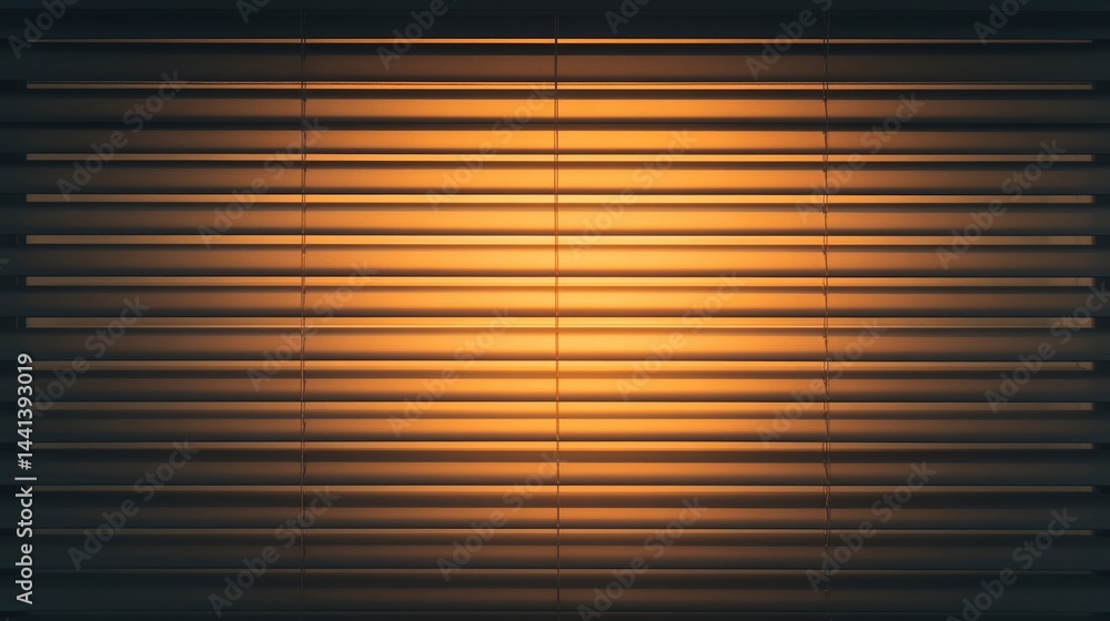 Poster a warm light glows behind horizontal window blinds, casting soft lines and creating a cozy, modern a