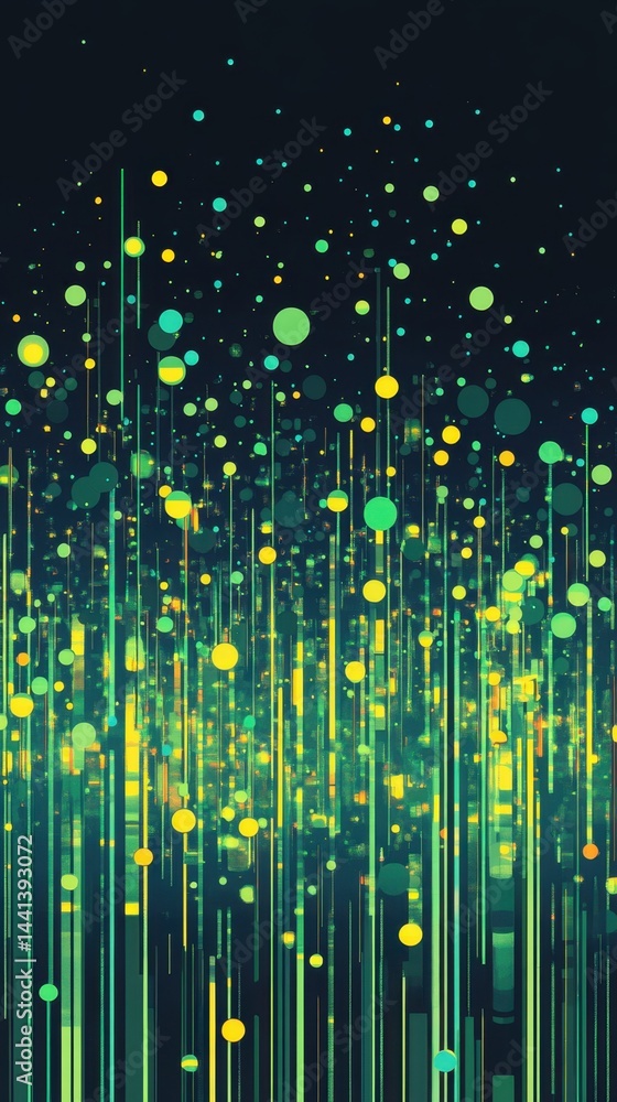 Poster abstract vibrant background with glowing circles and vertical lines in shades of green and yellow cr