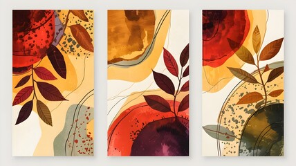Autumn abstract gradient background set with warm fall colors like crimson, sienna, and gold. Distressed leaf-inspired textures with subtle speckles for seasonal digital design.

