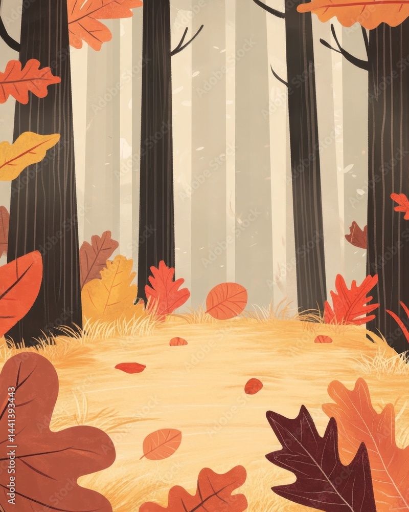Aufkleber autumnal forest path illustration with falling leaves and tall trees creating a serene and inviting 