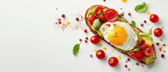 Gourmet Breakfast Toast with Avocado Fried Egg and Cherry Tomatoes on White Background Healthy Food Concept Culinary Art Delicious and Nutritious Meal Fresh Ingredients
