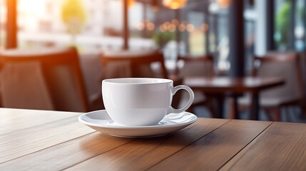 Fototapeta premium White Cup On Wooden Table Indoors, Cafe With Soft Light, Minimalist Style