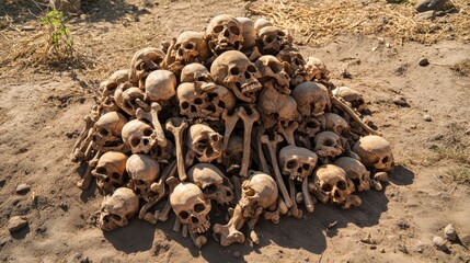 Pile of Bones and Skulls on the Ground Halloween or Horror Background