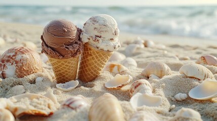 Two scoops of ice cream on the beach