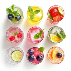 Refreshing assortment of colorful summer fruit cocktails with mint leaves on white background offering a vibrant and healthy beverage selection from above