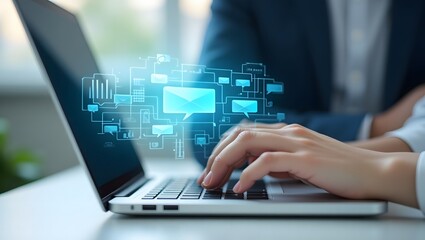 Digital interface background with email and communication icons on laptop