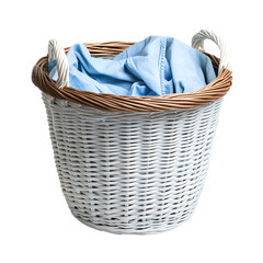 White wicker laundry basket with light blue clothes