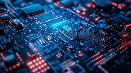 Obraz premium Abstract Technology Circuit Board Digital Background Blue Red Glowing Lines Electronic Components High Tech Modern 
