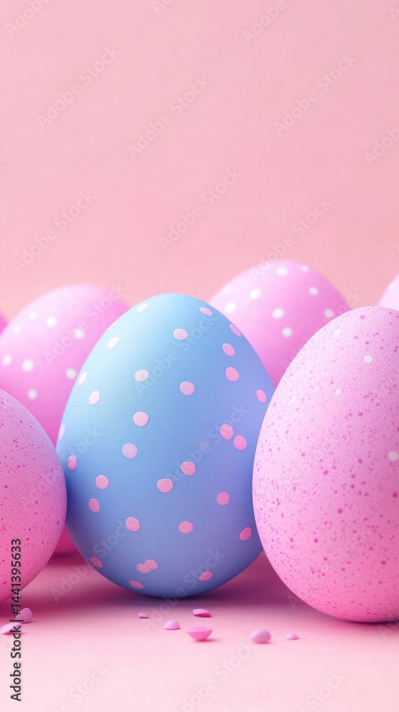 Poster a row of colorful eggs with blue and pink polka dots. the eggs are arranged in a row on a pink backg