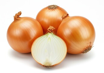 Fototapeta premium A group of three whole yellow onions and one half onion isolated on a white background view from above