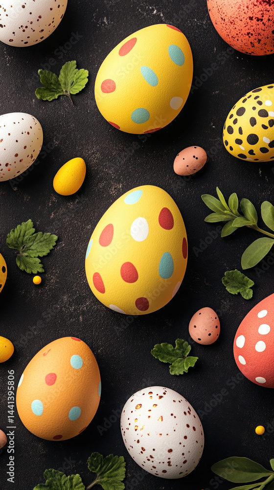 Aufkleber a collection of painted eggs with different colors and patterns. the eggs are scattered on a black b