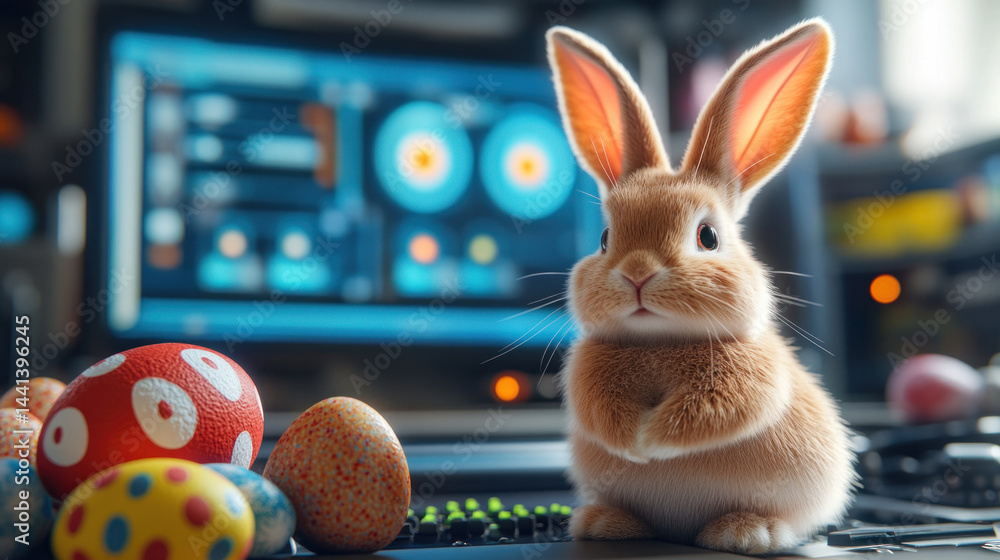 Poster a rabbit is standing in front of a computer monitor with a bunch of easter eggs on the desk