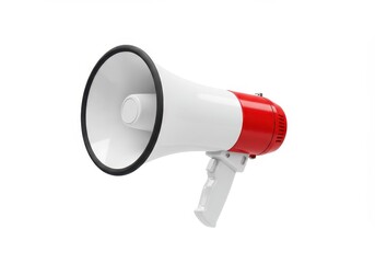 A red and white megaphone with a handle isolated on a white background in a studio setting