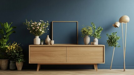 Wooden sideboard, plants, frame, blue wall, room interior, home decor