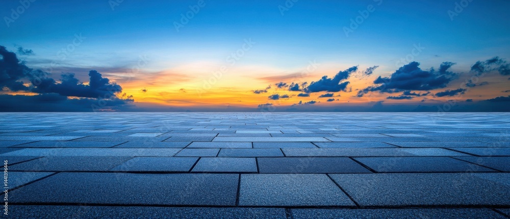 Poster serene sunset over a stone tiled floor reflecting the colorful sky with clouds and a sense of tranqu