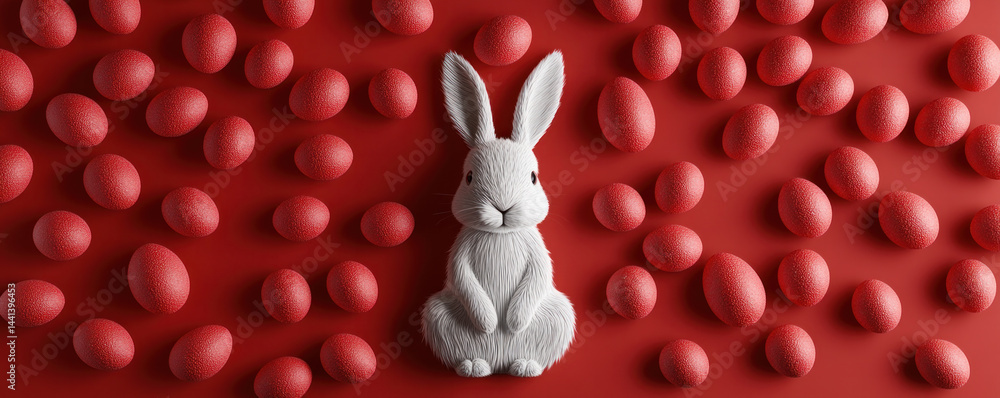 Poster a rabbit is sitting in a field of red eggs. the rabbit is the only living thing in the image, surrou