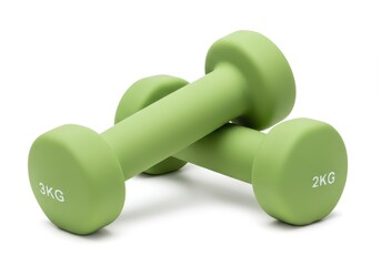 A pair of light green dumbbells of different weights stacked on a white surface in a studio shot