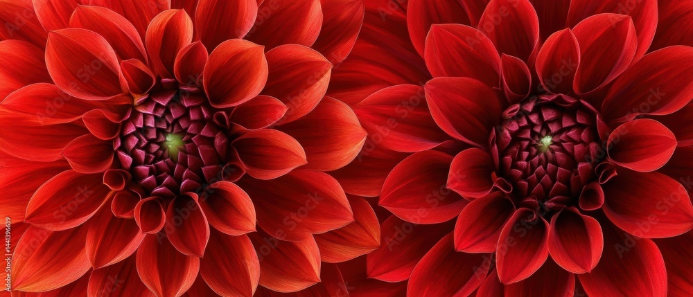 Poster captivating close up of two vibrant red dahlia flowers showcasing intricate petal patterns and textu