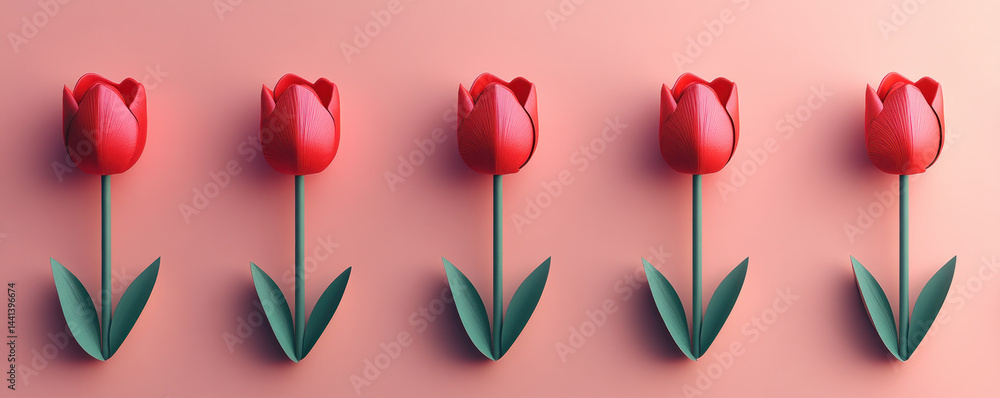 Aufkleber a row of five red flowers with green leaves. the flowers are arranged in a line and are all facing t