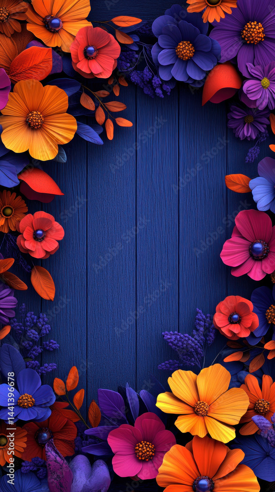 Poster a blue background with a colorful flower border. the flowers are in various colors and sizes, and th