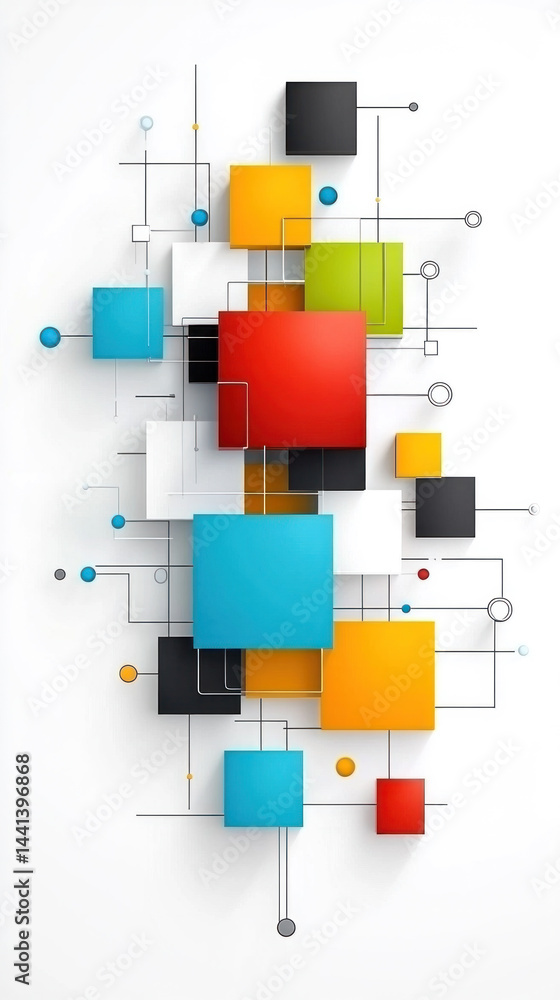 Poster a colorful image of squares and circles with a white background. the squares are in various colors a