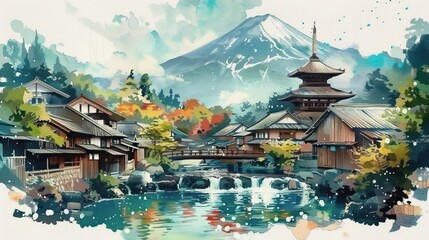 Naklejka premium Peaceful traditional village with wooden houses and bridge over river, colorful autumn trees, serene water reflections, and a towering snow-capped mountain in the background