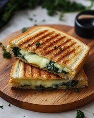 Delicious grilled cheese sandwich with spinach and melted cheese on a wooden board a culinary delight a tasty snack with a warm and inviting ambiance