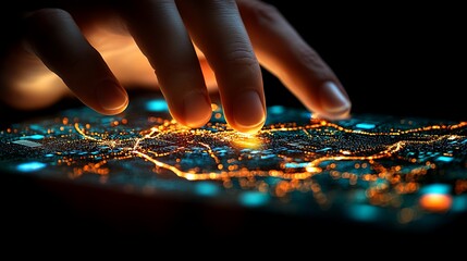 Hand interacts with glowing digital map