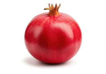 A single pomegranate with a crown on top isolated against a plain white studio background showing its color
