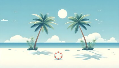 Obraz premium Minimalist vector illustration of tropical shoreline with wide white sandy beach, scattered palm leaves, red lifebuoy near the waterline, and clean blue sky, summer banner design