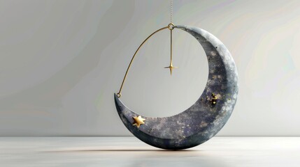 decorative hanging crescent moon with star ornaments on a light minimalist background evoking calm and celestial beauty