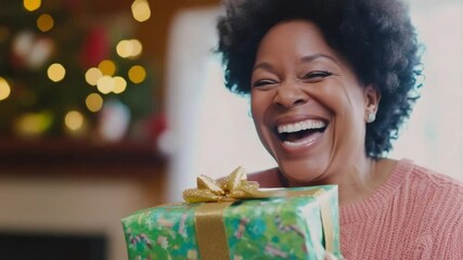 Happy mother's day gift: smiling black woman receives present - Powered by Adobe