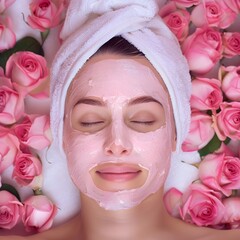 A gorgeous woman relaxing in a spa her face covered facial cream and rose background 
