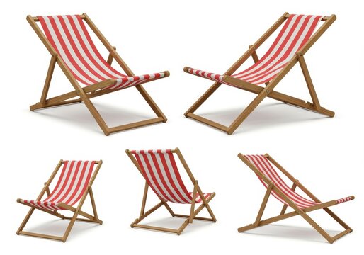 Five beach chairs with red and white stripes arranged on a white background in various positions