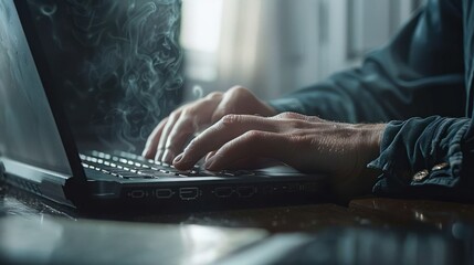 close-up of hands typing on a laptop keyboard with visible steam or smoke rising, creating a focused and intense atmosphere indoors