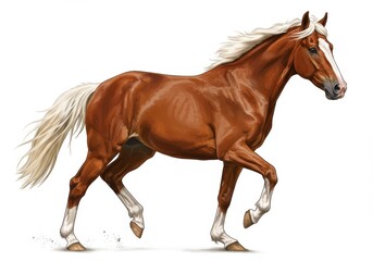 Naklejka premium Illustration of a chestnut horse with white mane and tail trotting on a white background art
