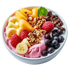 Colorful Fruit and Yogurt Bowl with Granola, Fresh Berries, and Mint Garnish in a Bright Setting on transparent background