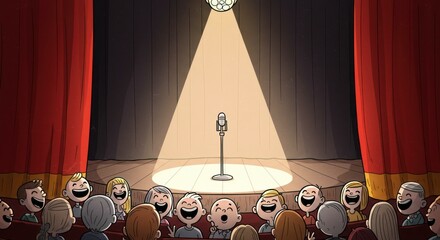 Cartoon audience laughs at a stand-up comedian on stage at a theater.