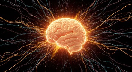 Glowing brain emits neural connections in a burst of power and intelli