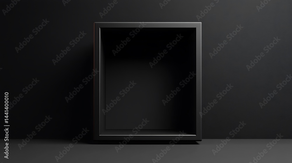 Poster 3d render of an empty dark box in the middle, on a black background