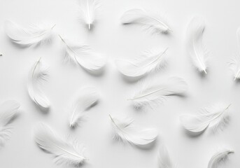 Fototapeta premium Scattered white feathers on a white surface creating a soft and delicate minimalist composition style image