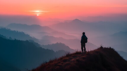 Obraz premium Hiker Silhouette on Mountain Ridge at Sunset