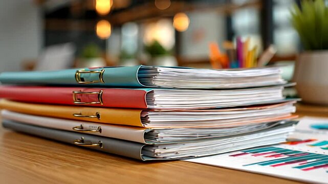 Colorful binders stacked on a desk in an office
