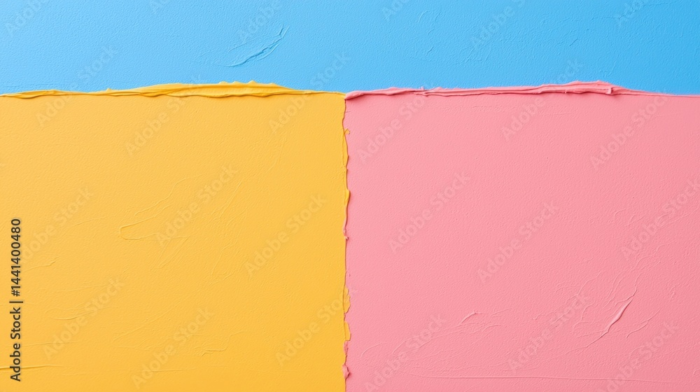 Poster abstract image with textured blocks of blue, yellow, and pink color separated by rough edges.
